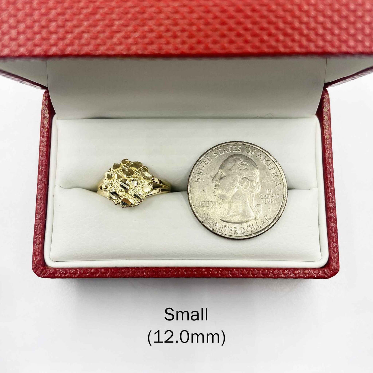 Small size 10k gold nugget ring on white background, 12mm nugget width