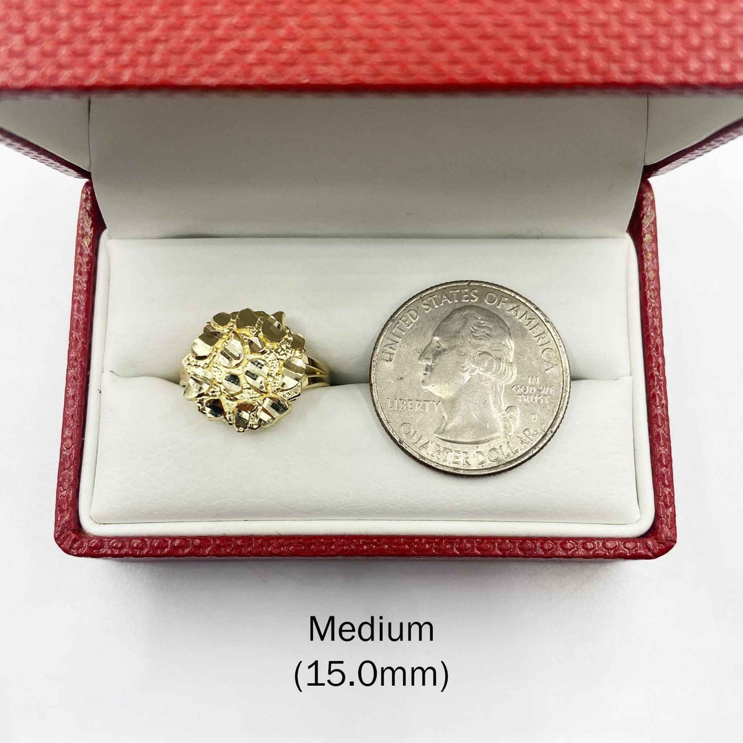 Medium size 10k gold nugget ring on white background, 15mm nugget width