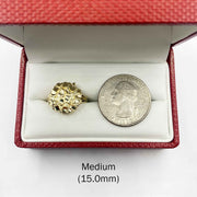 Medium size 10k gold nugget ring on white background, 15mm nugget width