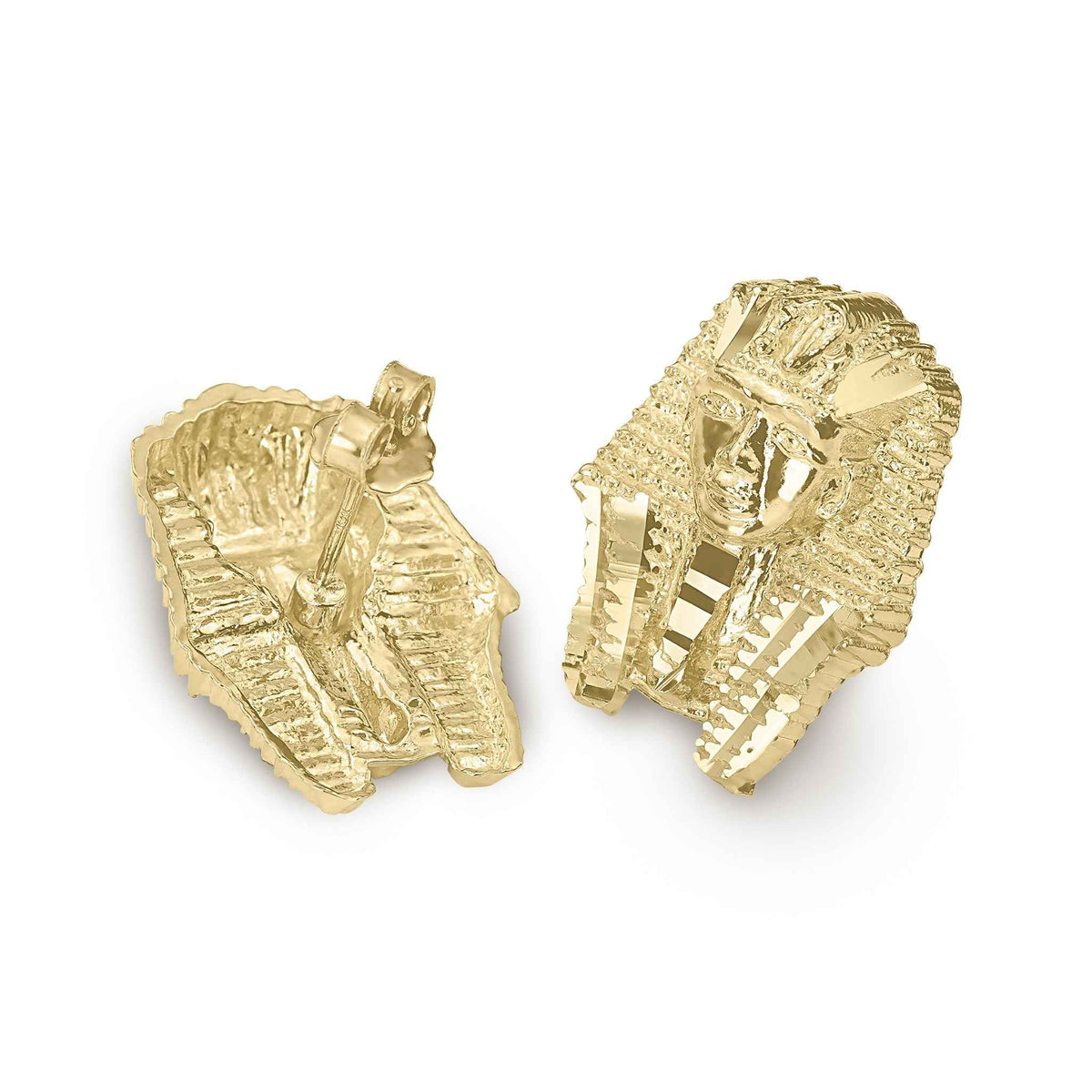 Pair of 10k gold Pharaoh stud earrings showing both front and back views.