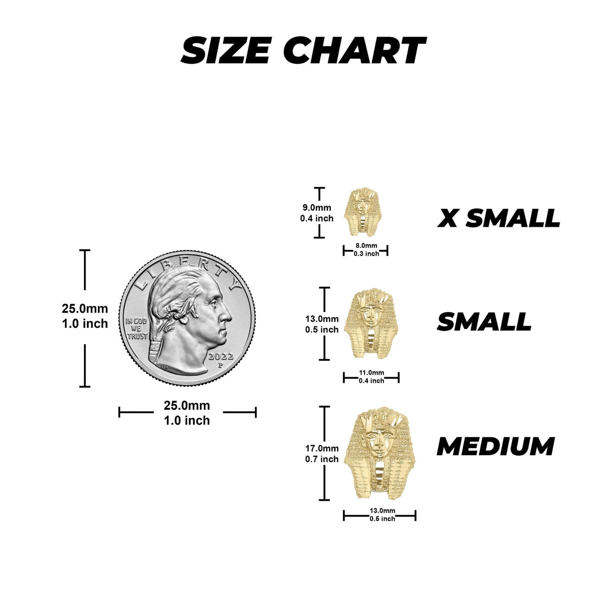 Size chart comparing X Small, Small, and Medium gold Pharaoh earrings against a quarter.
