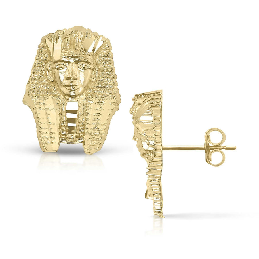 Pair of 10k gold Pharaoh stud earrings showing front-facing and side-profile views with backings.