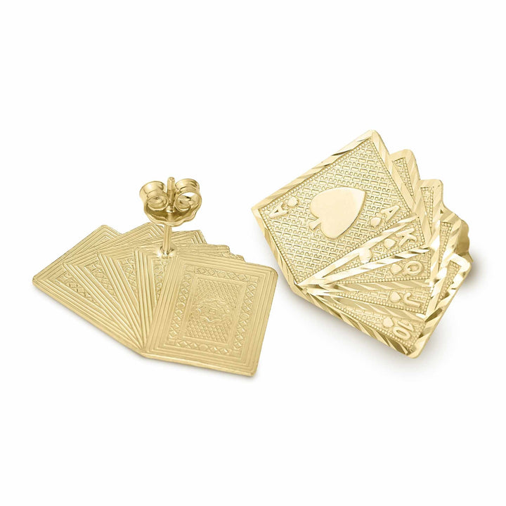 0k gold playing card stud earrings showing the Royal Flush face and post.
