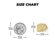 Size chart showing 10k gold playing card stud earrings dimensions against a US quarter.