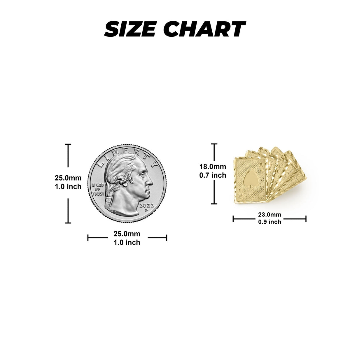 Size chart showing 10k gold playing card stud earrings dimensions against a US quarter.