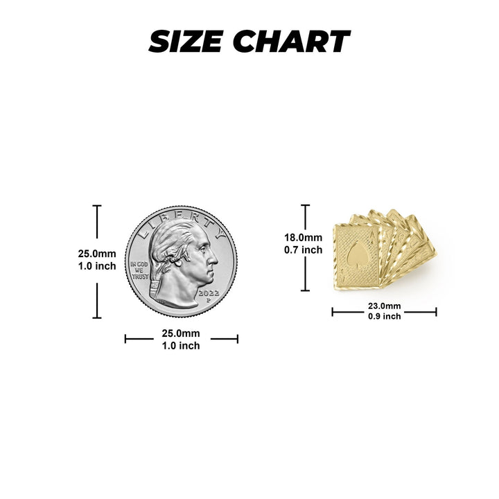 Size chart showing 10k gold playing card stud earrings dimensions against a US quarter.