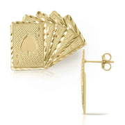 Front and side view of 10k yellow gold Royal Flush playing card stud earrings.