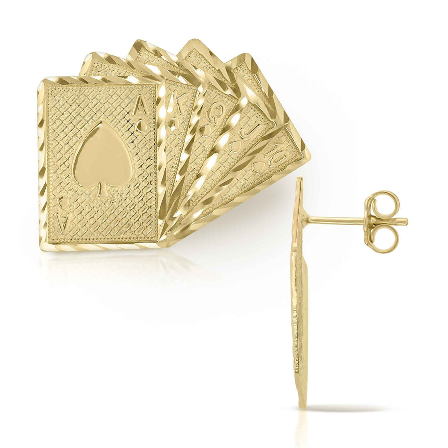 Front and side view of 10k yellow gold Royal Flush playing card stud earrings.