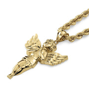 A gold-plated angel pendant necklace paired with a matching twisted rope chain on white.