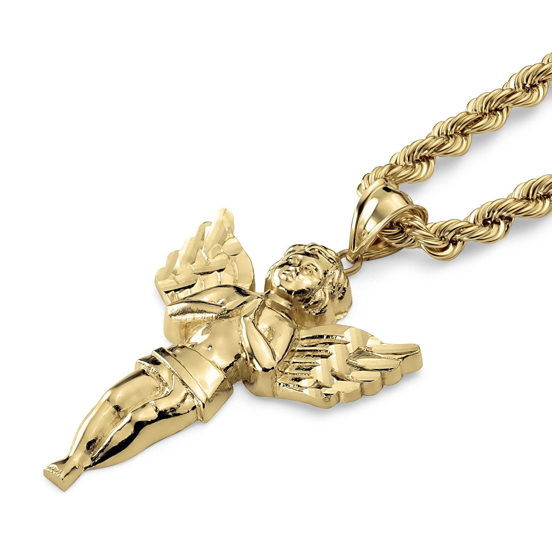 A gold-plated angel pendant necklace paired with a matching twisted rope chain on white.