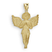 A gold angel pendant with textured details, featuring outstretched wings and a praying pose, shown on a plain white background.