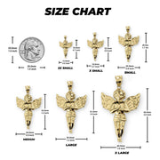 Size chart graphic displaying dimensions from 2X Small to X Large alongside a quarter coin.