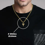 A man wearing an X Small gold angel pendant labeled X SMALL 22.0mm.
