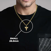 A man wearing a small gold angel pendant labeled SMALL 28.0mm.