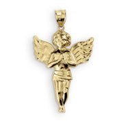 A polished yellow gold angel pendant featuring a praying cherub with detailed wings on white.