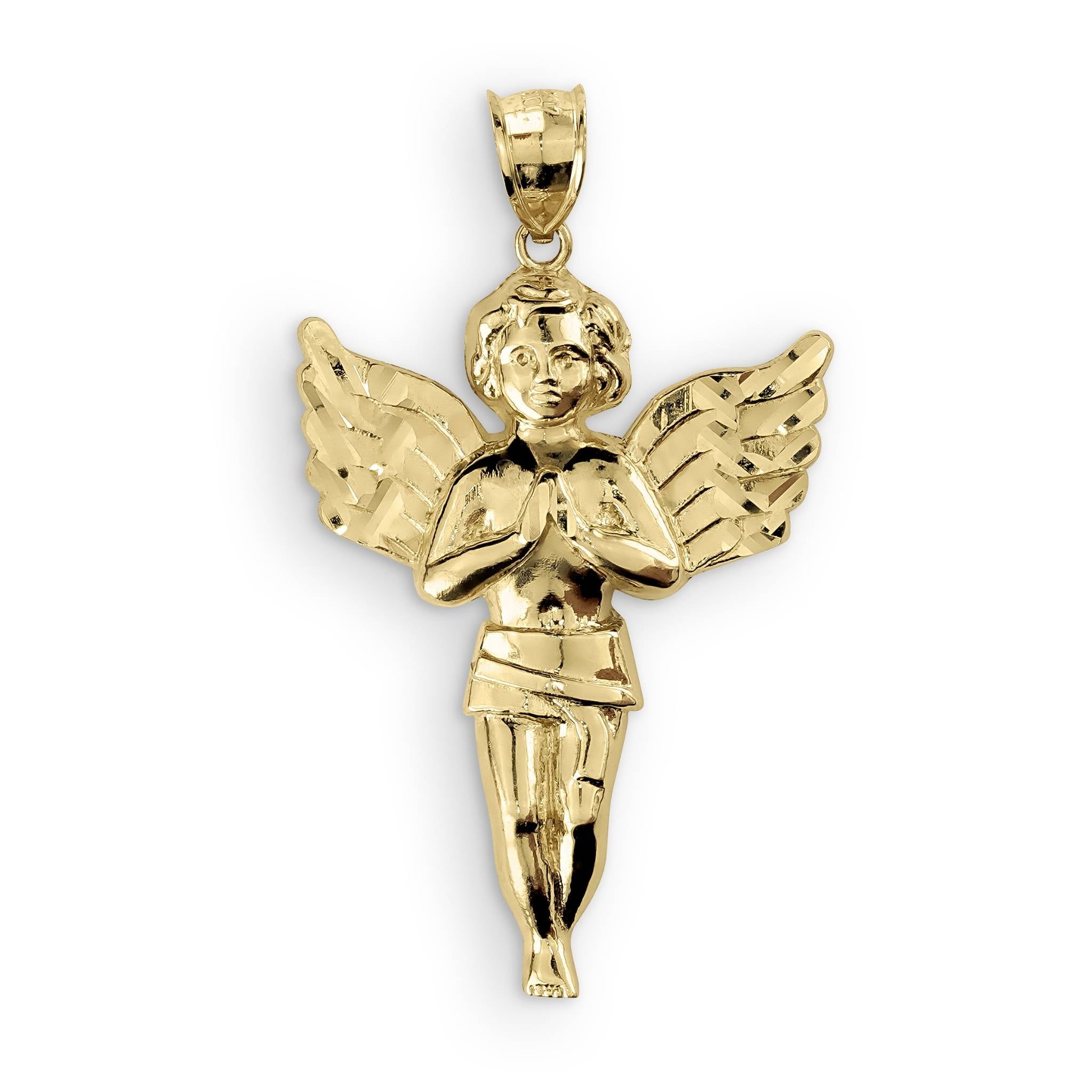 A polished yellow gold angel pendant featuring a praying cherub with detailed wings on white.