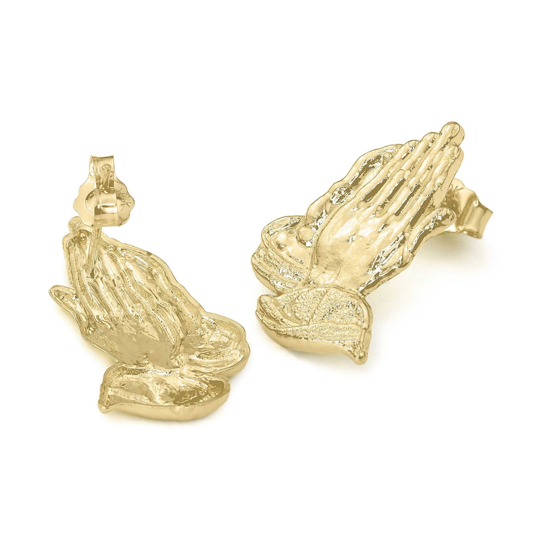 Front and back view of 10k gold classic praying hands stud earrings.