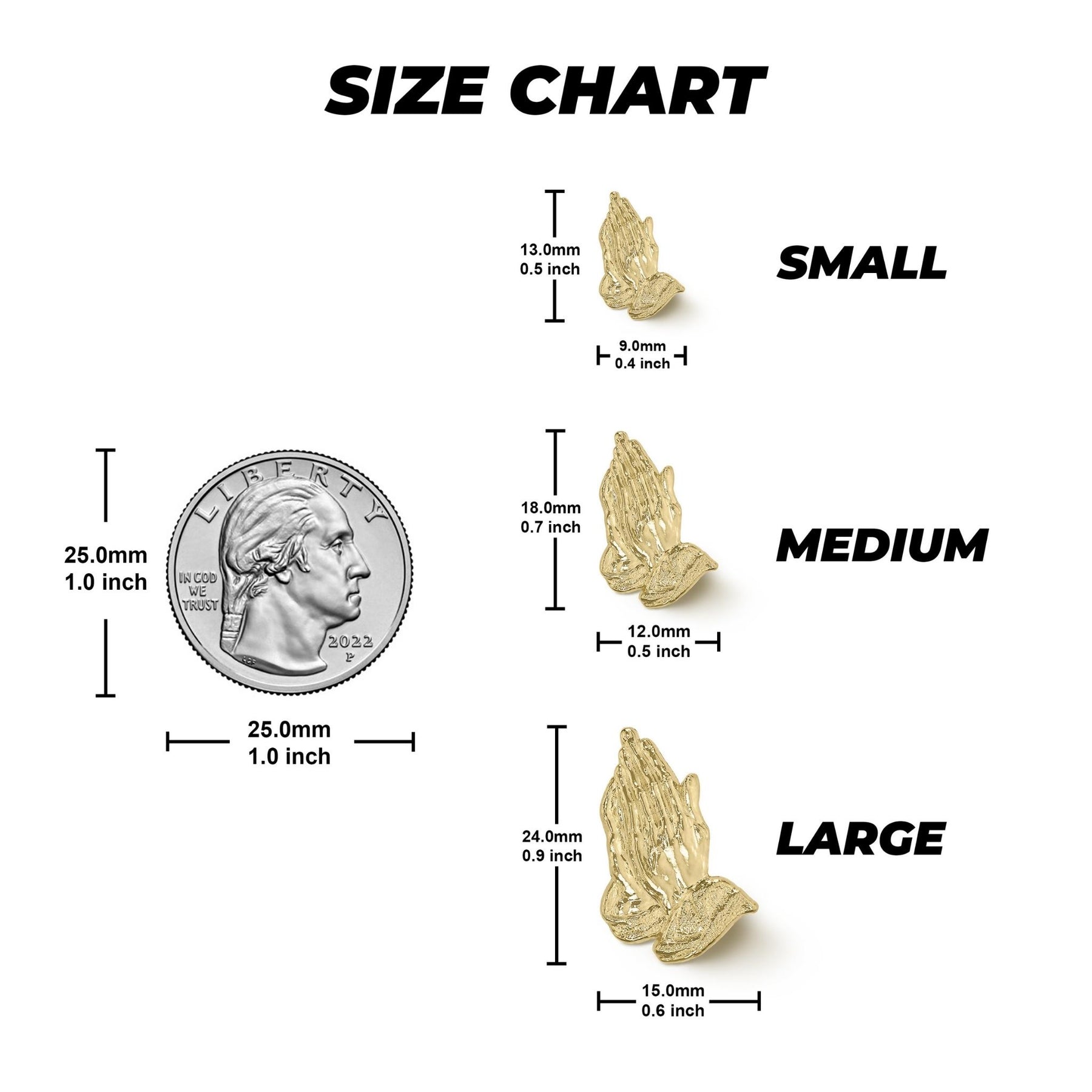 Size chart comparing 10k gold praying hands stud earrings to a US quarter.