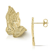 Front and side view of 10k gold classic praying hands stud earrings.
