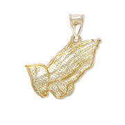 The textured hollow back of the polished yellow gold praying hands pendant.