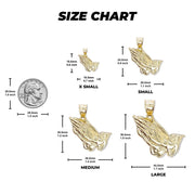 Size chart showing millimeter dimensions and measurements for four praying hands pendant sizes.