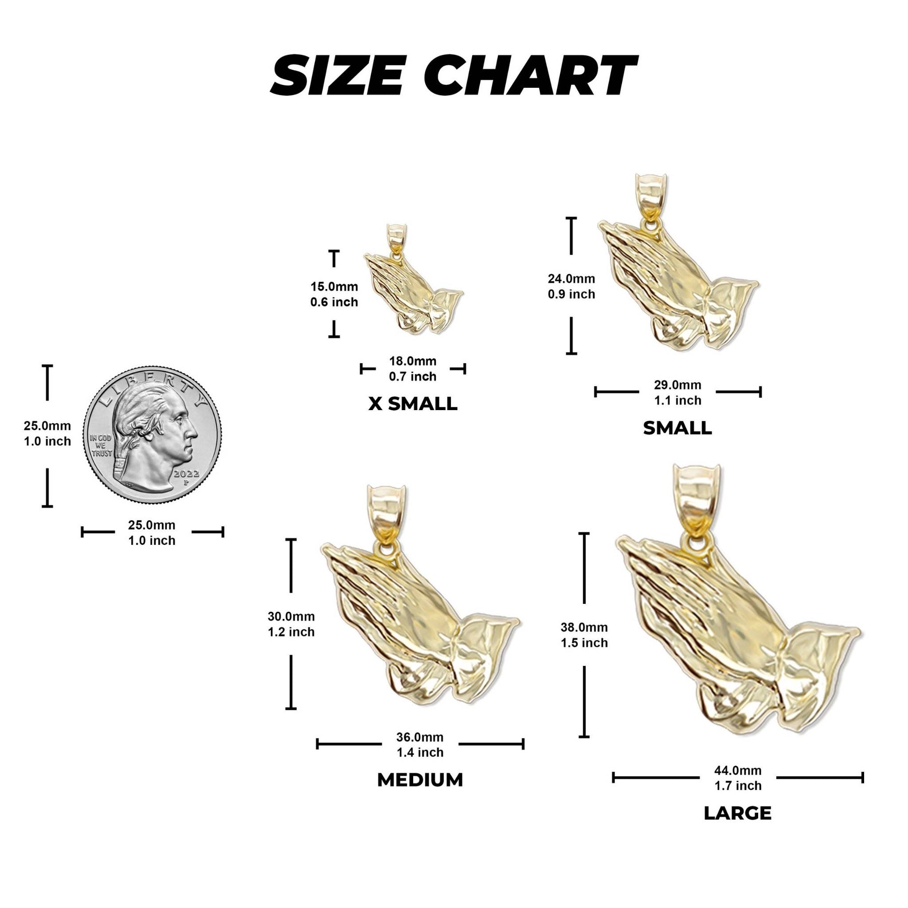 Size chart showing millimeter dimensions and measurements for four praying hands pendant sizes.
