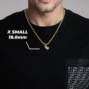 A man wearing the extra small gold praying hands pendant and chain over a black shirt.