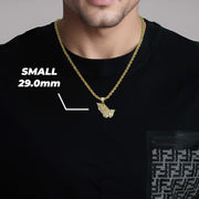 A man wearing the small gold praying hands necklace with a size overlay.