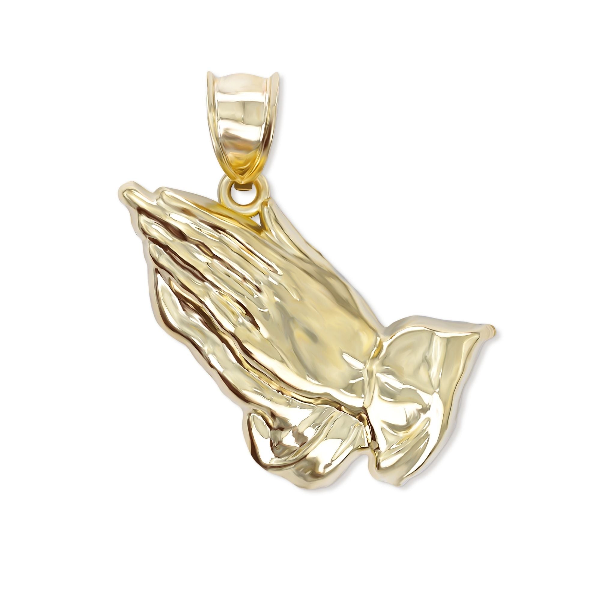 A polished yellow gold praying hands pendant against a solid white background.