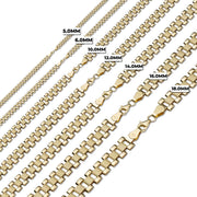 Multiple 10k yellow gold Rolex chains displayed diagonally in varying widths from 5.0MM to 18.0MM.