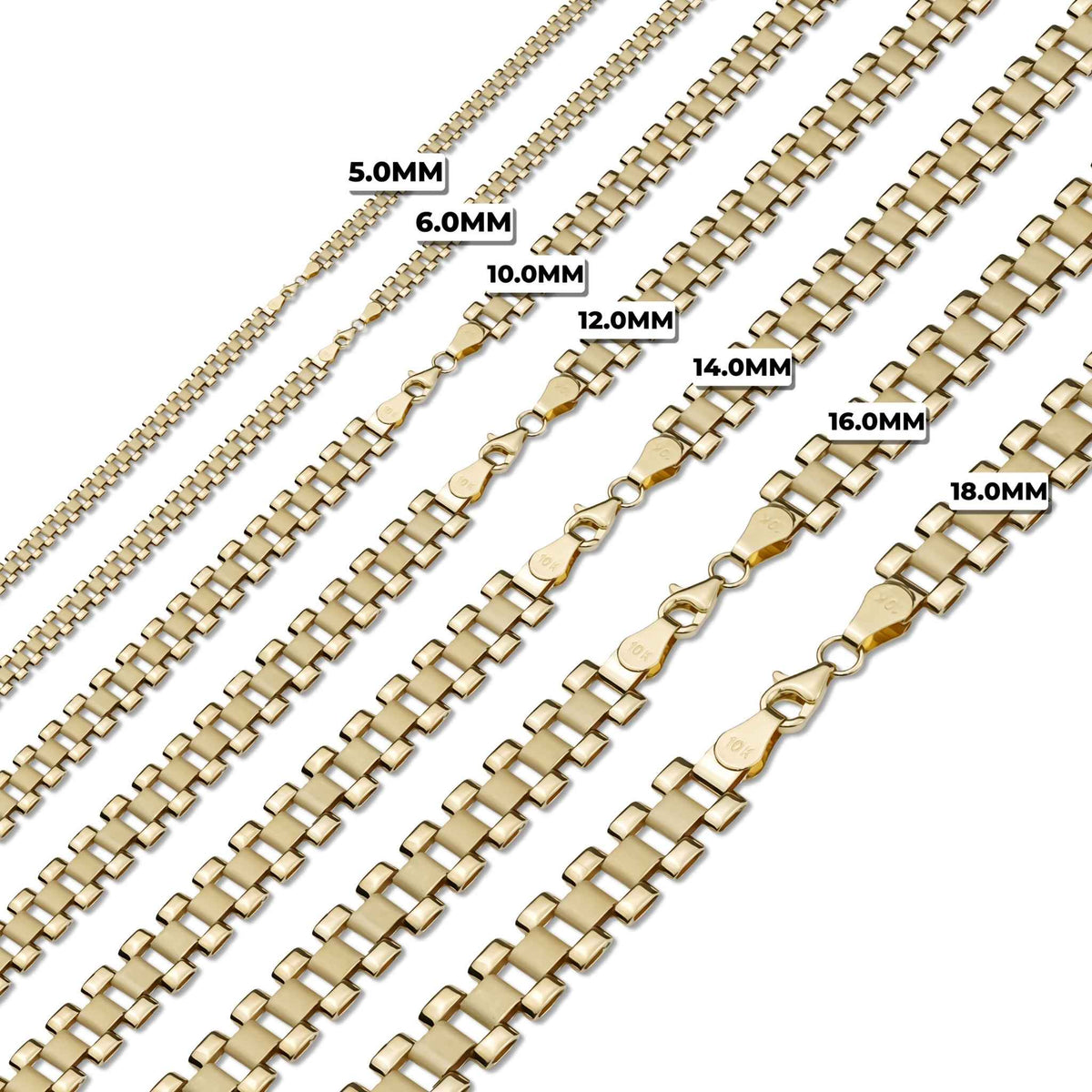 Multiple 10k yellow gold Rolex chains displayed diagonally in varying widths from 5.0MM to 18.0MM.