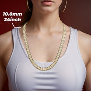 Woman wearing a 10.0mm, 24-inch 10k gold Rolex chain over a white top.