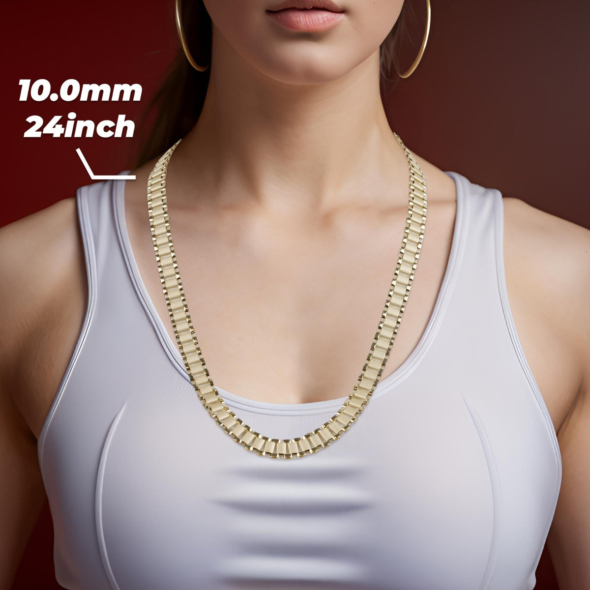 Woman wearing a 10.0mm, 24-inch 10k gold Rolex chain over a white top.