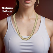 Model wearing a 12.0mm, 24-inch 10k gold Rolex chain over a white top.