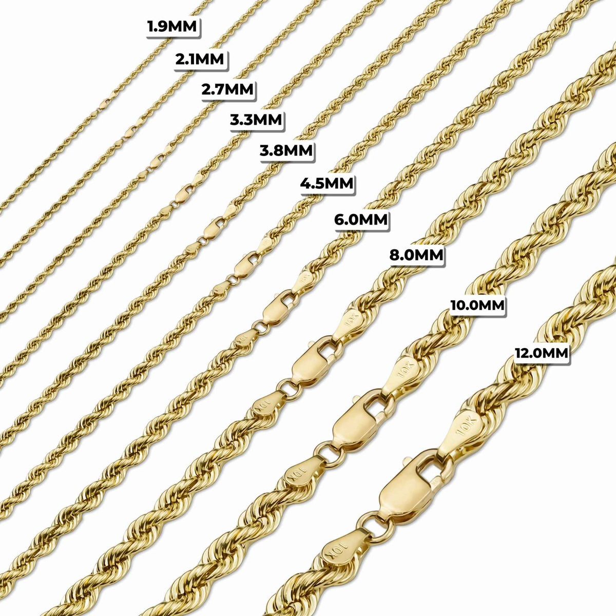 10k gold rope chain width size comparison chart ranging from 1.9mm to 12.0mm.