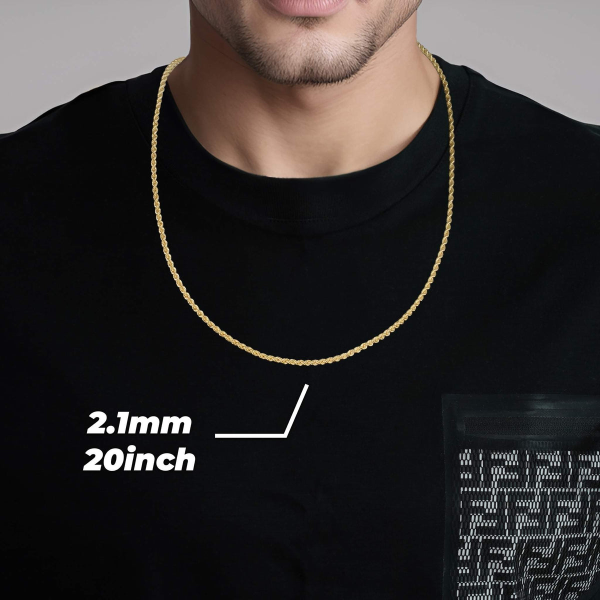 Model wearing a 2.1mm, 20-inch 10k gold rope chain over a black shirt.