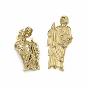 Detailed view highlighting the back structure and closure of gold San Judas earrings.