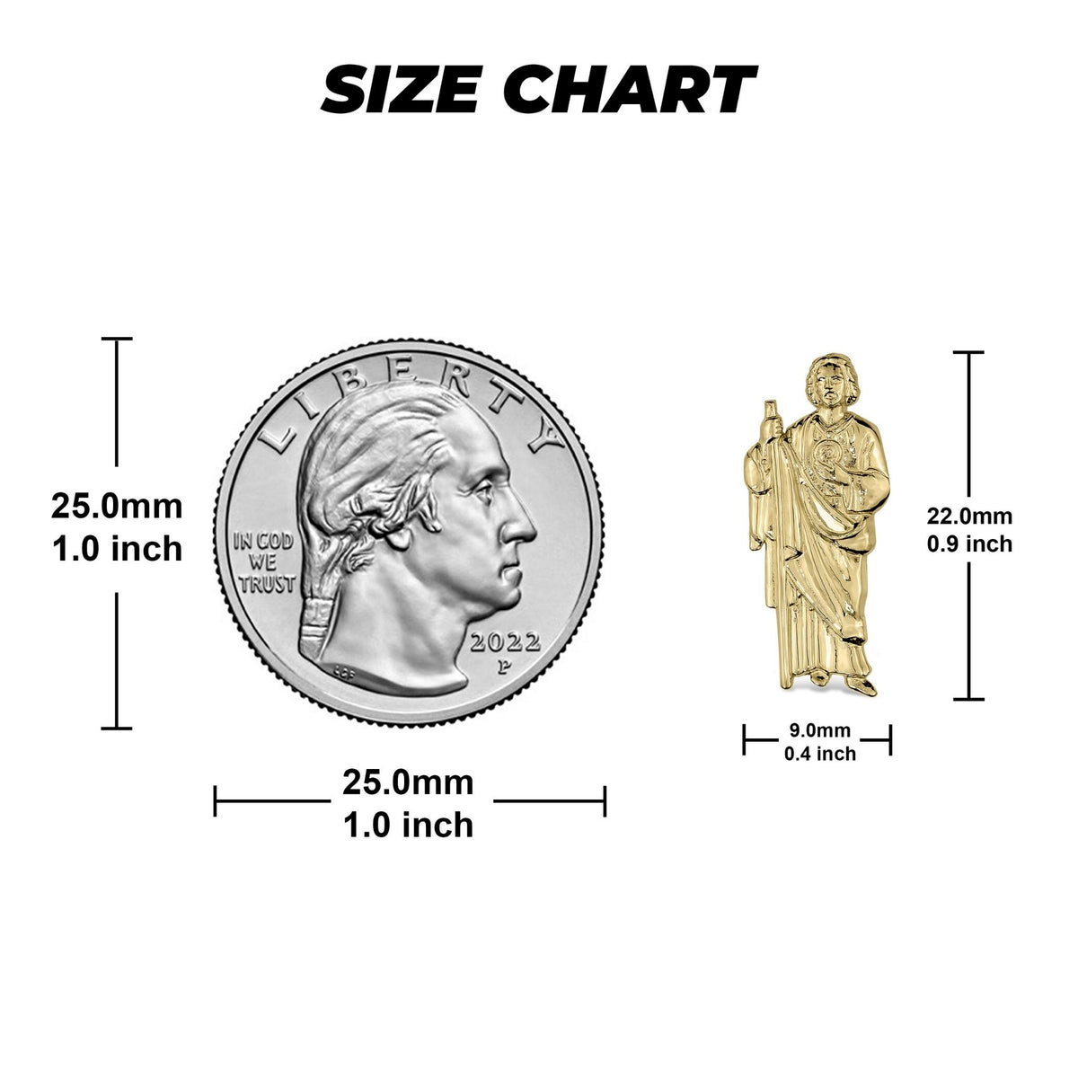 Size chart displaying the gold San Judas stud earring dimensions with a quarter.