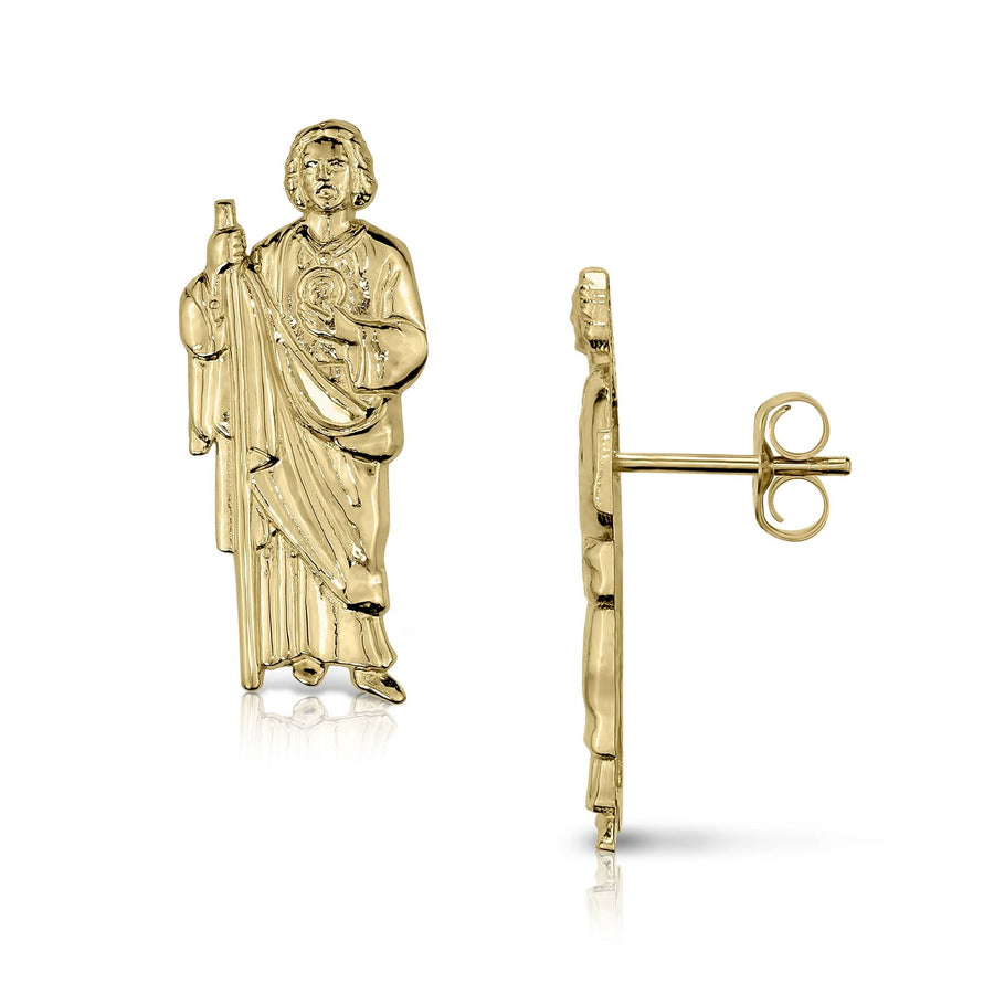 Front and side profile of 10k gold classic San Judas stud earrings.