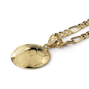 A gold pendant necklace featuring a soccer ball design, suspended from a gold Figaro chain on a clean white background.
