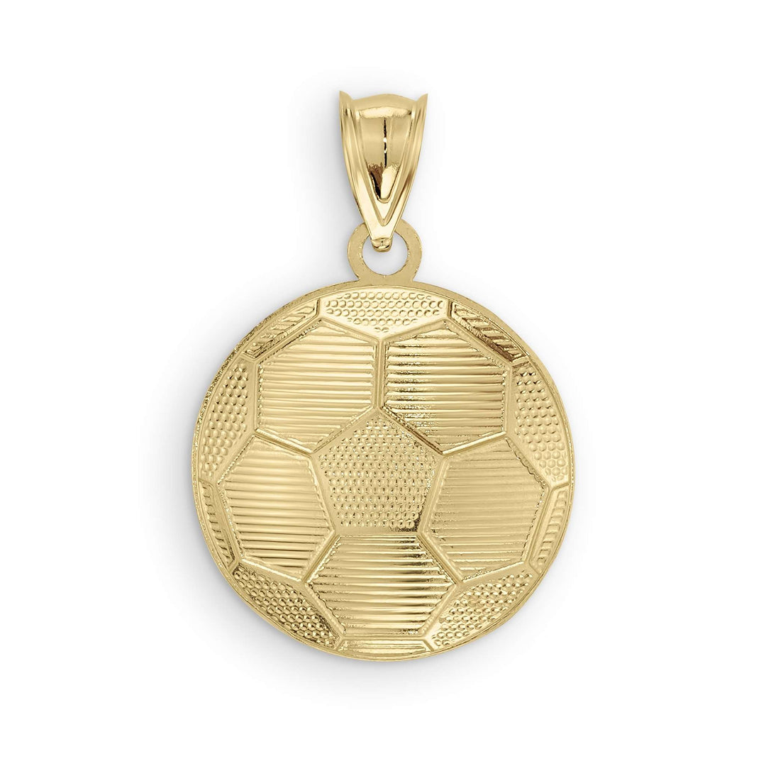 Product photo of the 10k Gold Classic Soccer Ball Pendant showing a close-up of the front design.