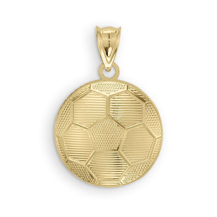 Product photo of the 10k Gold Classic Soccer Ball Pendant showing a close-up of the front design.