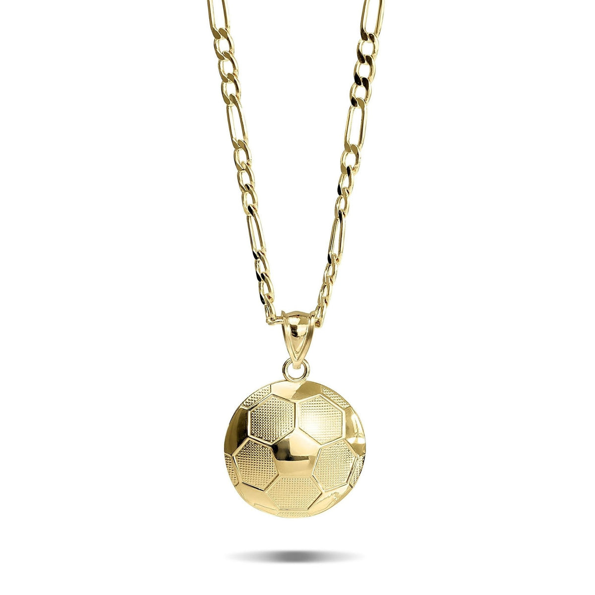 Gold soccer ball pendant attached to a gold chain on a plain white background.