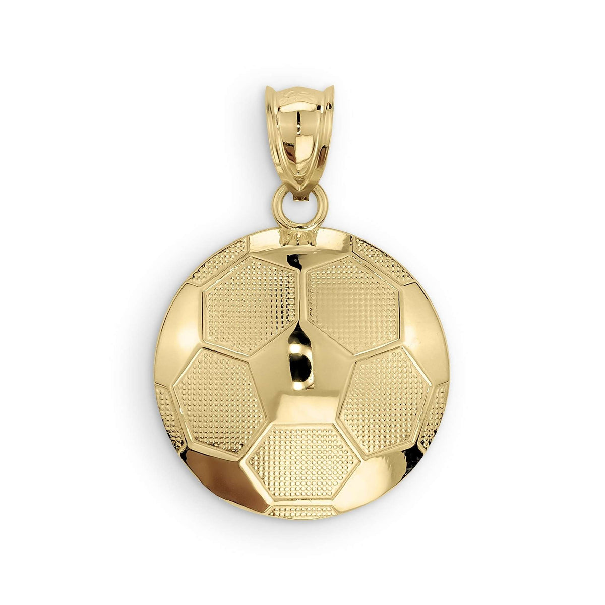 Gold soccer ball pendant featuring alternating polished and textured hexagonal panels.