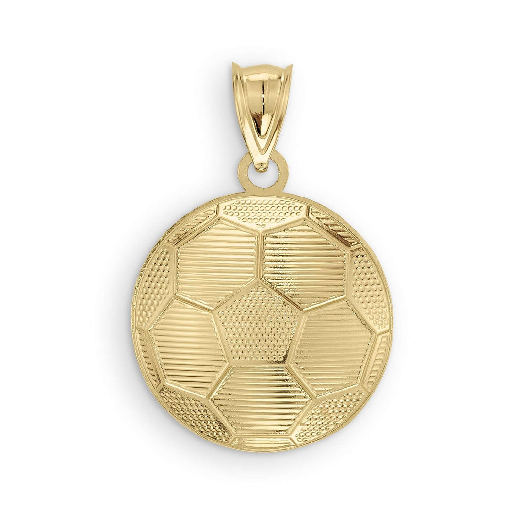 Flat gold soccer ball pendant featuring textured hexagonal panels and a polished top bail.