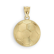 Flat gold soccer ball pendant featuring textured hexagonal panels and a polished top bail.