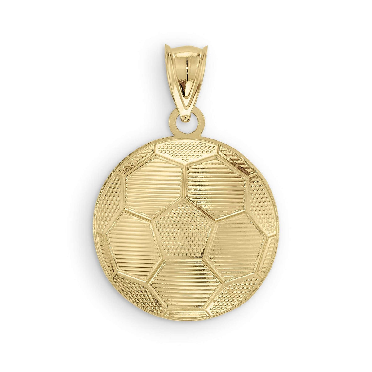 Flat gold soccer ball pendant featuring textured hexagonal panels and a polished top bail.
