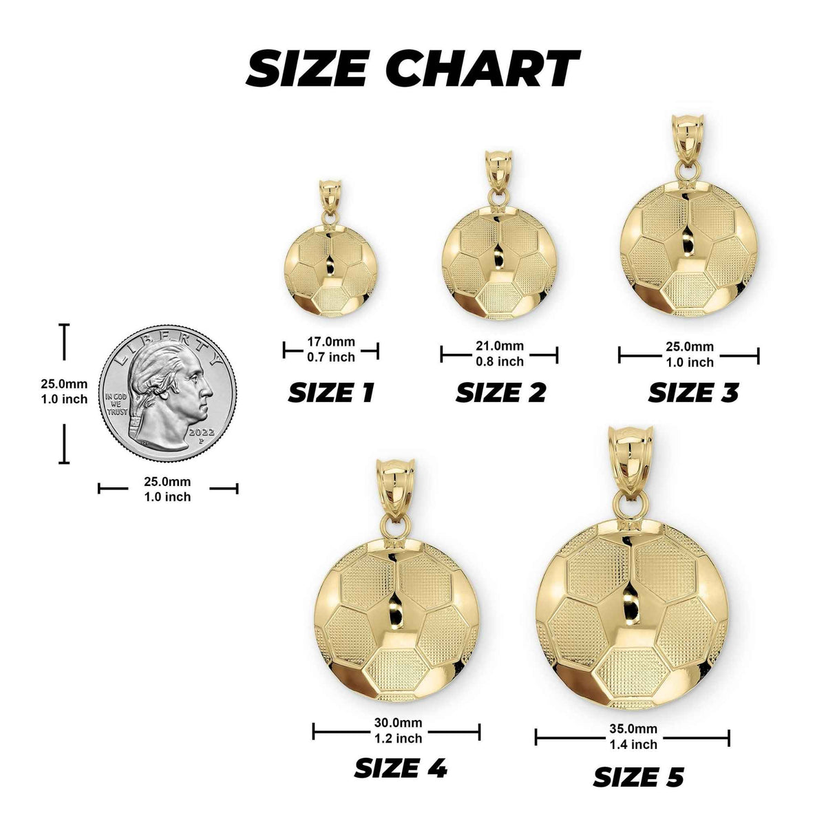 Size chart showing five gold soccer ball pendants next to a US quarter coin.