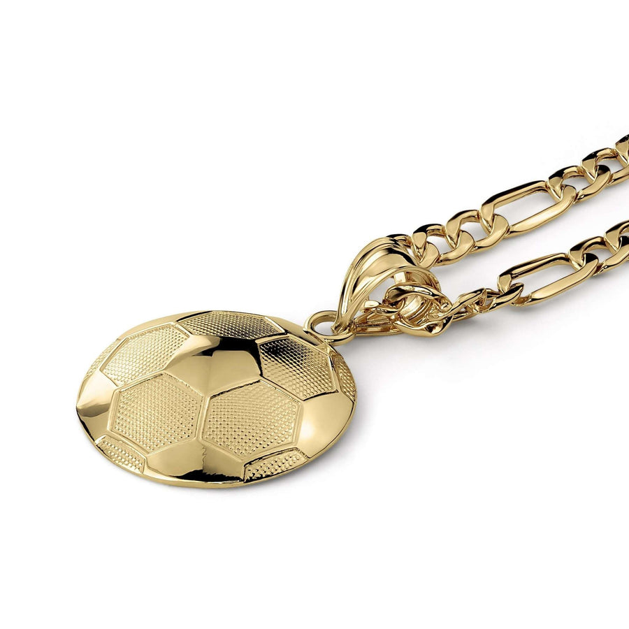 Gold soccer ball pendant attached to a gold Figaro chain on a white background.