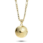 A gold soccer ball pendant necklace on a gold chain, shown against a plain white background with a soft shadow underneath.